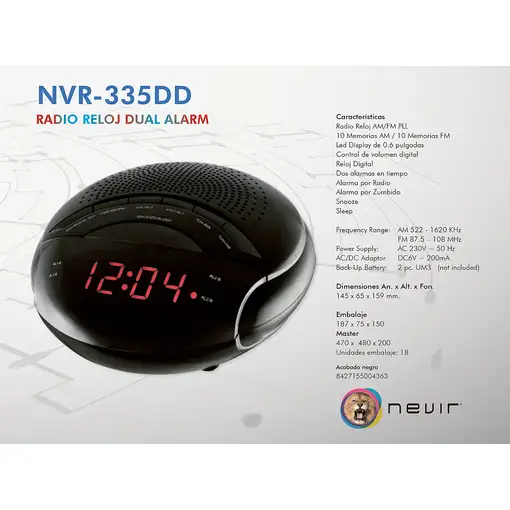Nevir NVR-335DD radio Reloj Digital Negro