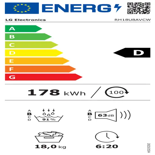 LG RH18U8AVCW secadora Independiente Carga frontal 18 kg Blanco