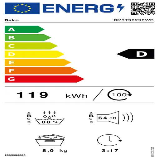 Secadora blanca de 8 kg con bomba de calor, BM3T38230WB BEKO