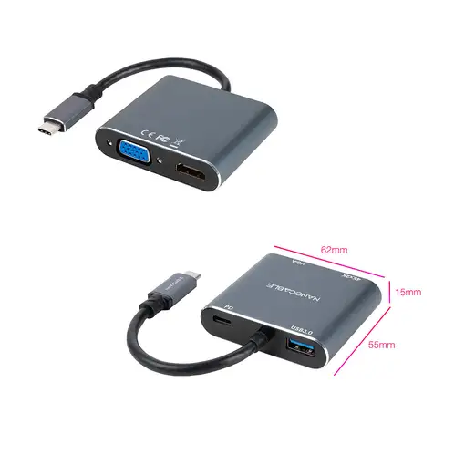 Nanocable Conversor USB-C a HDMI/VGA/USB3.0/PD 15 cm, Gris