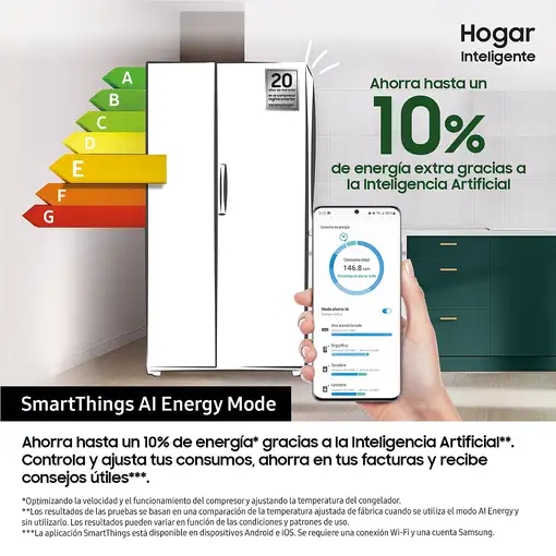 Samsung Frigorífico Americano Bespoke AI 178cm 640L Clase E Inox RS70F64KETEF