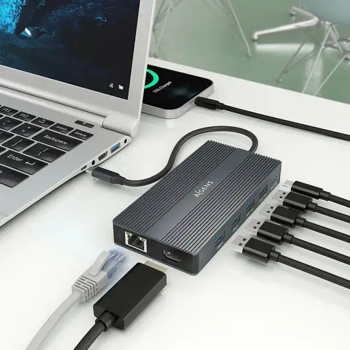 AISENS USB-C Dock 12 En 1, USB-C a 2xHDMI, 1xDisplayport, 1xRJ45, 4xUSB-A, 1xUSB-C