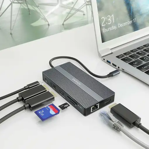 AISENS USB-C Dock 12 En 1, USB-C a 2xHDMI, 1xDisplayport, 1xRJ45, 4xUSB-A, 1xUSB-C