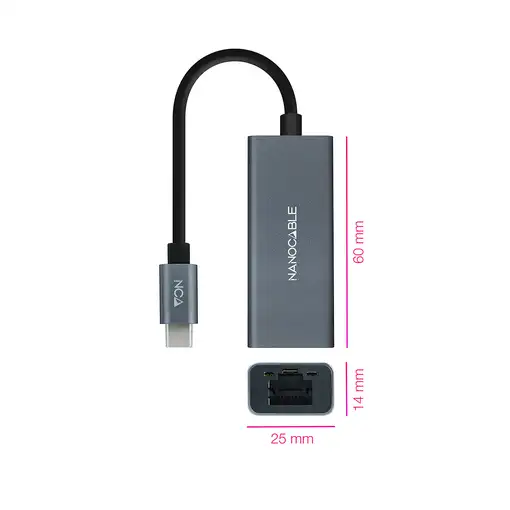 Nanocable Conversor USB-C a Ethernet Gigabit 10/100/1000 Mbps, Aluminio, Gris, 15