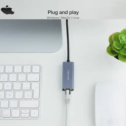 Nanocable Conversor USB-C a Ethernet Gigabit 10/100/1000 Mbps, Aluminio, Gris, 15