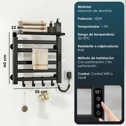 Yoevu- Toallero eléctrico negro, 100W, pantalla LCD táctil, control WiFi y Alexa