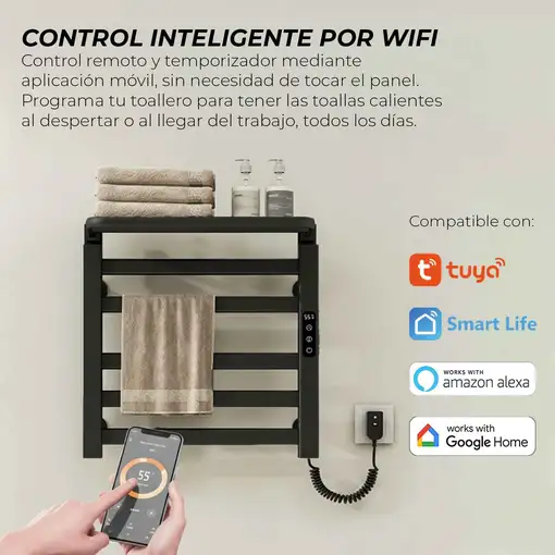 Yoevu- Toallero eléctrico negro, 100W, pantalla LCD táctil, control WiFi y Alexa