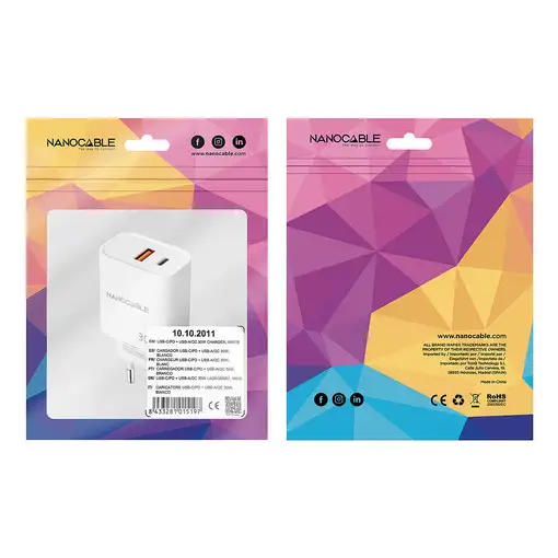Nanocable Cargador USB-C/PD + USB-A/QC 30W, Blanco