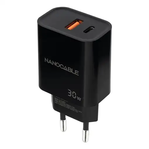 Nanocable Cargador USB-C/PD + USB-A/QC 30W, Negro