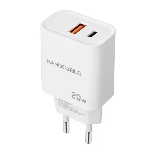 Nanocable Cargador USB-C/PD + USB-A/QC 20W, Blanco