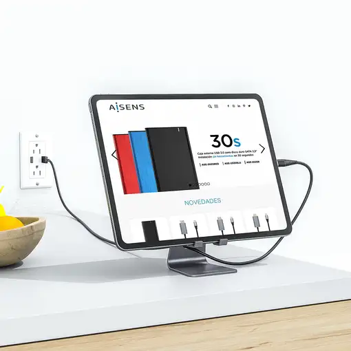 AISENS Soporte De Sobremesa Tamaño M Ajustable (1 Pivote) Para Movil / Tablet, Gri