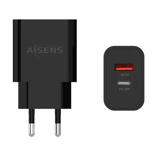 AISENS Cargador 20W, 1xUSB-C PD3.0, 1xUSB-A QC3.0, Negro