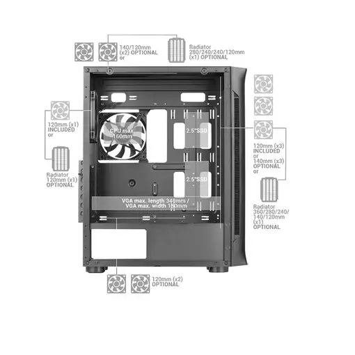 Mars Gaming MC-NEO, Torre Gaming XXL E-ATX, Ventana Lateral y Frontal Cristal Temp