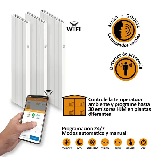 Radiador cerámico vertical AVA WIFI 1500W, Sin Smartbox, Bajo Consumo-Programable
