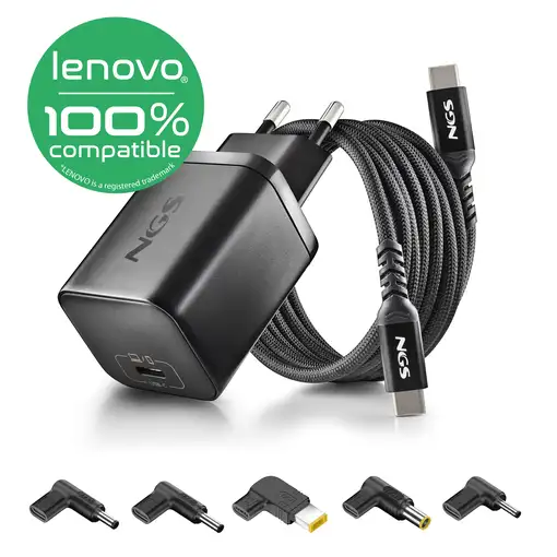 NGS BUD 65W-L: Pack GaN 65W + cable 1.5m + 5 tips Lenovo. Carga rápida. Negro.