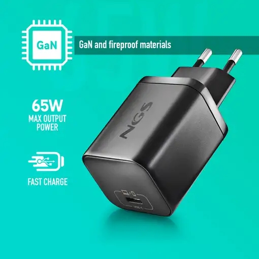 NGS BUD 65W-L: Pack GaN 65W + cable 1.5m + 5 tips Lenovo. Carga rápida. Negro.