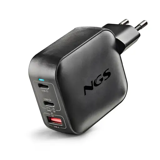 NGS BUD 100W TINY: Cargador GaN 100W con 2 USB-C y USB-A, compacto negro.