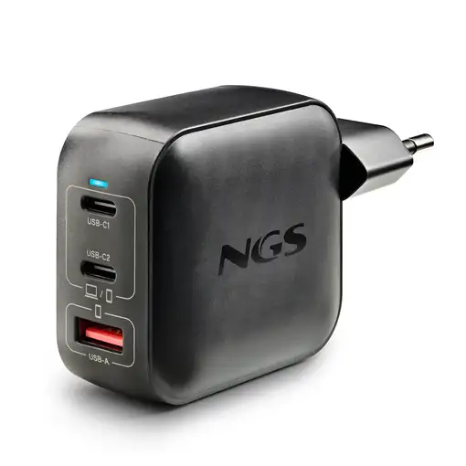 NGS BUD 100W TINY: Cargador GaN 100W con 2 USB-C y USB-A, compacto negro.
