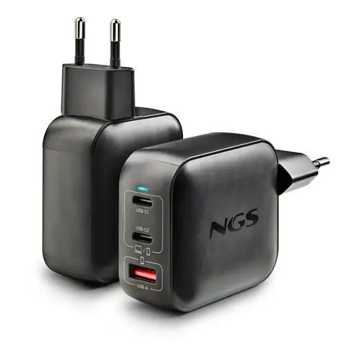 NGS BUD 100W TINY: Cargador GaN 100W con 2 USB-C y USB-A, compacto negro.