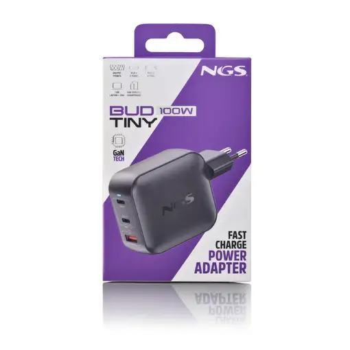 NGS BUD 100W TINY: Cargador GaN 100W con 2 USB-C y USB-A, compacto negro.