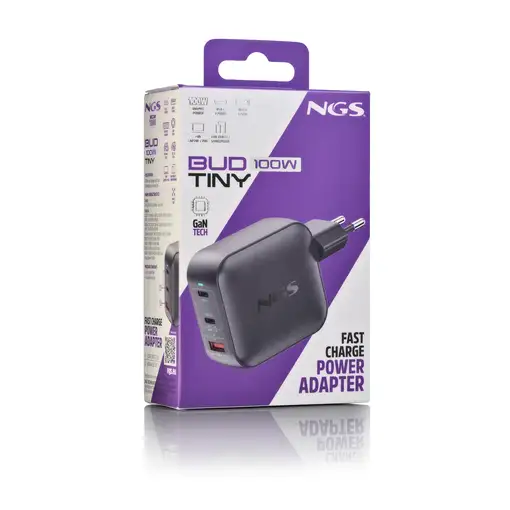 NGS BUD 100W TINY: Cargador GaN 100W con 2 USB-C y USB-A, compacto negro.