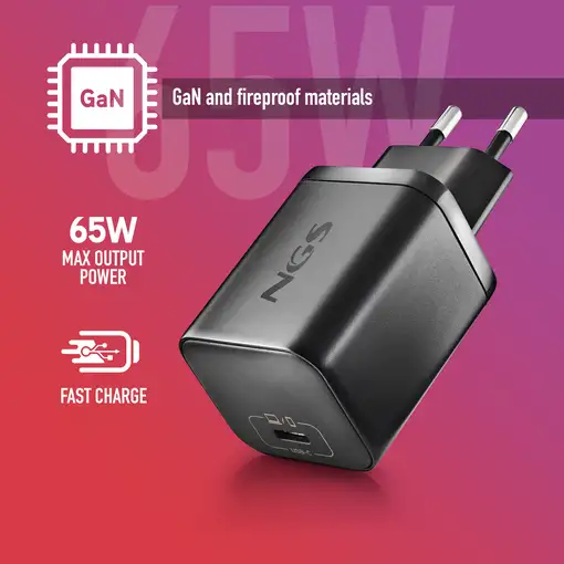 NGS BUD 65W-AS: Pack GaN 65W + cable 1.5m + 8 tips ASUS. Carga rápida. Negro.
