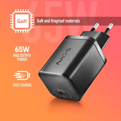 NGS BUD 65W-AC: Pack GaN 65W + cable 1.5m + 4 tips Acer. Carga rápida. Negro.