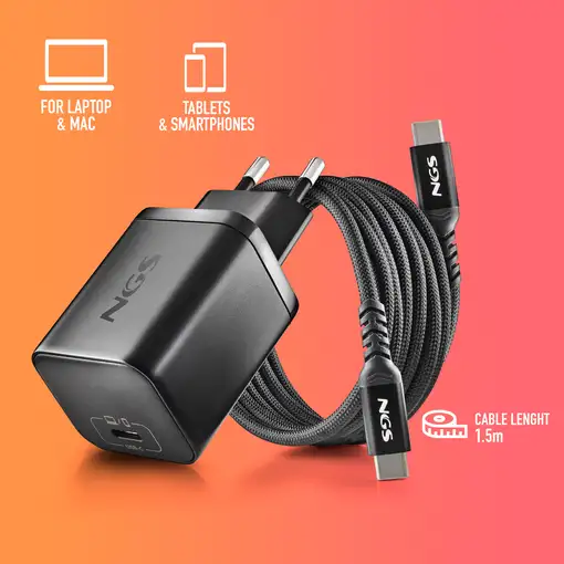 NGS BUD 65W-AC: Pack GaN 65W + cable 1.5m + 4 tips Acer. Carga rápida. Negro.
