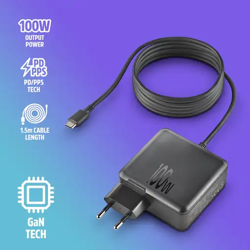 Cargador pared GAN, salida USB-C 100W, ideal portátiles, tabletas, smartphones NGS
