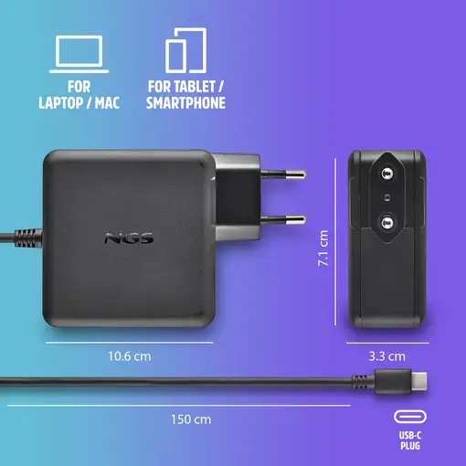Cargador pared GAN, salida USB-C 100W, ideal portátiles, tabletas, smartphones NGS