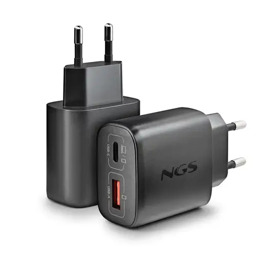 NGS EON 45W BLACK: GaN 45W USB-C+USB-A QC3.0, carga rápida. Negro.