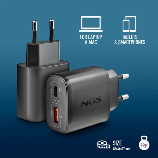 NGS EON 45W BLACK: GaN 45W USB-C+USB-A QC3.0, carga rápida. Negro.