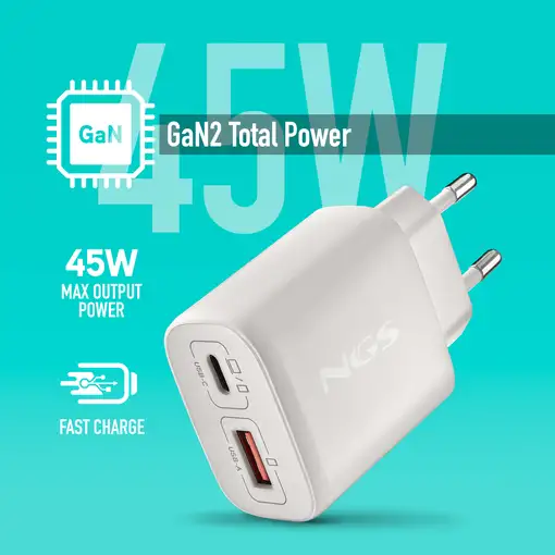 NGS EON 45W WHITE: GaN 45W USB-C+USB-A QC3.0, carga rápida. Blanco.