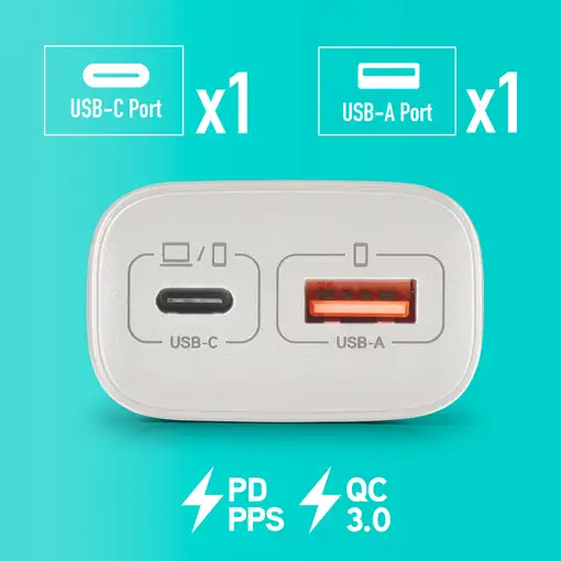 NGS EON 45W WHITE: GaN 45W USB-C+USB-A QC3.0, carga rápida. Blanco.