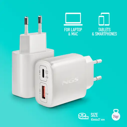 NGS EON 45W WHITE: GaN 45W USB-C+USB-A QC3.0, carga rápida. Blanco.
