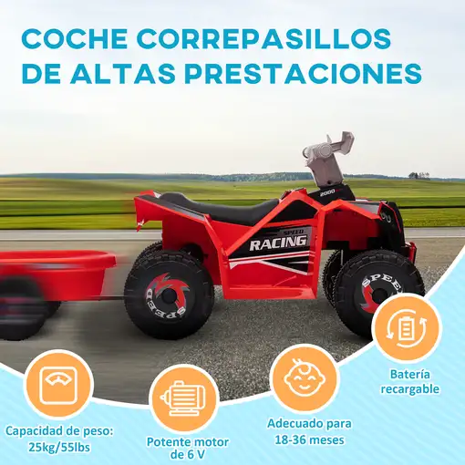 Quad Eléctrico para Niños con Remolque 106x41,5x48,5 cm Rojo HOMCOM