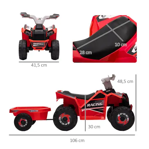 Quad Eléctrico para Niños con Remolque 106x41,5x48,5 cm Rojo HOMCOM
