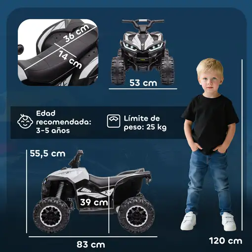 Quad Eléctrico para Niños 3-5 Años 12V con 2 Motores Faros Bocina Blanco HOMCOM
