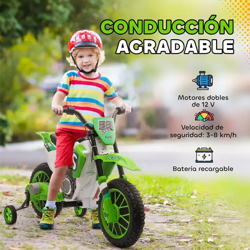 Moto Eléctrica Niños +3 Años 12V 2 Ruedas de Equilibrio más 8 km/h Verde HOMCOM