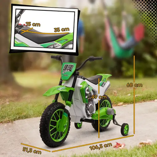 Moto Eléctrica Niños +3 Años 12V 2 Ruedas de Equilibrio más 8 km/h Verde HOMCOM
