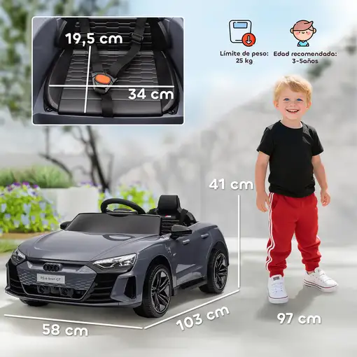 Coche Eléctrico para Niños +3 Años AUDI RS e-tron GT 103x58x41 cm Gris HOMCOM