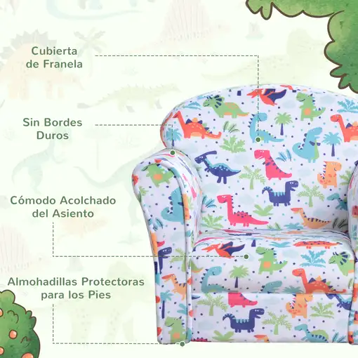 Sillón Infantil con Estampado de Dinos +18 meses 50x39x44cm Multicolor HOMCOM