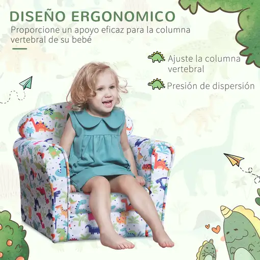 Sillón Infantil con Estampado de Dinos +18 meses 50x39x44cm Multicolor HOMCOM