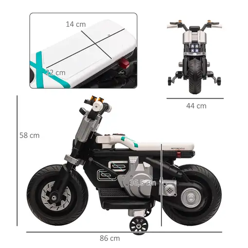 Moto Eléctrica Infantil 6V con Faros Música Bocina 86x44x58 cm Blanco HOMCOM