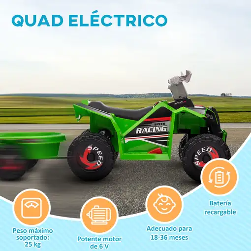 Quad Eléctrico para Niños con Remolque 106x41,5x48,5 cm Verde HOMCOM