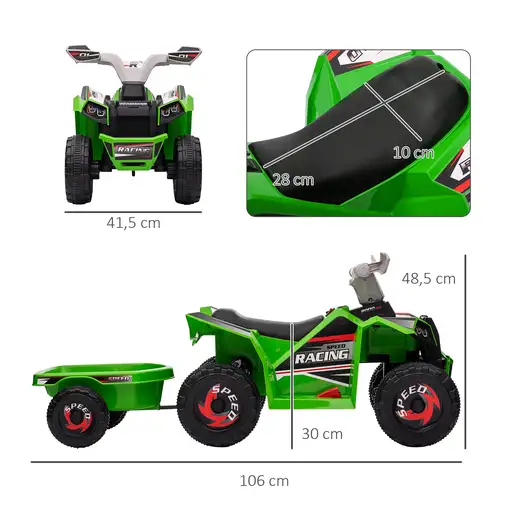 Quad Eléctrico para Niños con Remolque 106x41,5x48,5 cm Verde HOMCOM