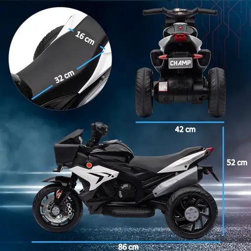 Moto Eléctrica para Niños de +3 Años con Luces Música Negro HOMCOM