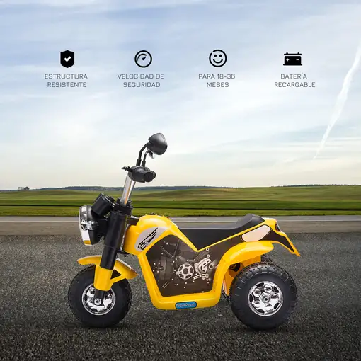 Moto Eléctrica Niños 18-36 Meses 6V 3 Ruedas Bocina 72x57x56cm Amarillo HOMCOM