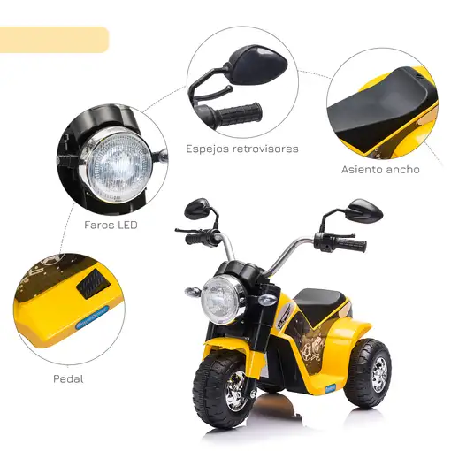 Moto Eléctrica Niños 18-36 Meses 6V 3 Ruedas Bocina 72x57x56cm Amarillo HOMCOM