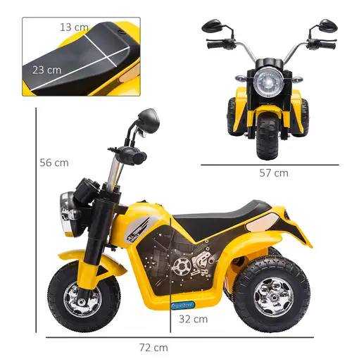 Moto Eléctrica Niños 18-36 Meses 6V 3 Ruedas Bocina 72x57x56cm Amarillo HOMCOM